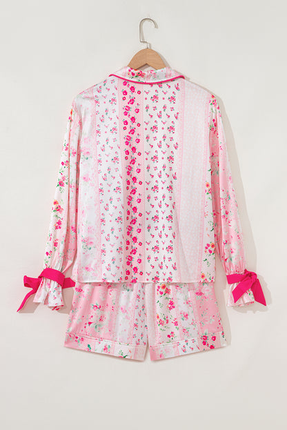 Floral Shirt Satin Tie and Shorts Pajama Set