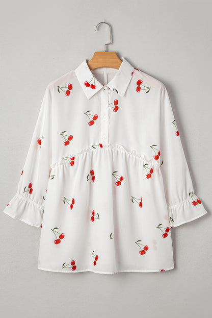 Cherry Frilled Collar 3/4 Sleeve Babydoll Blouse