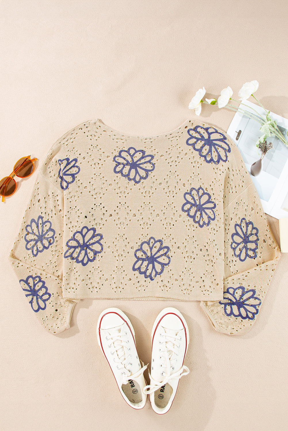 Floral Eyelet Drop Shoulder Sweater