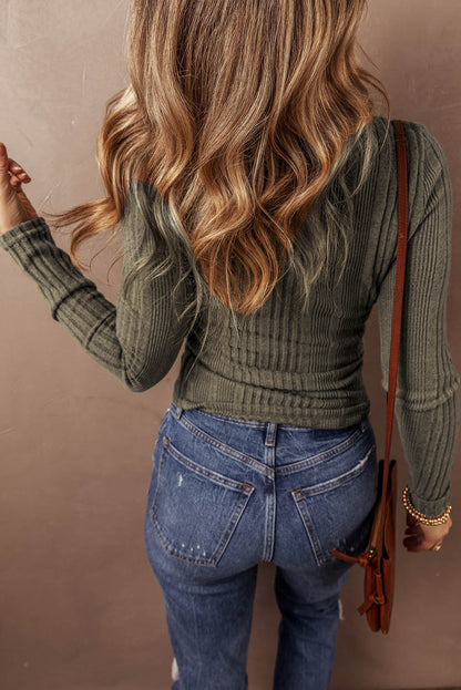 Ribbed Knit Half Button Blouse