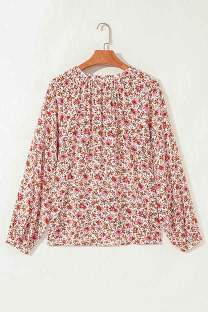 Floral Pleated Notched Neck Puff Sleeve Blouse