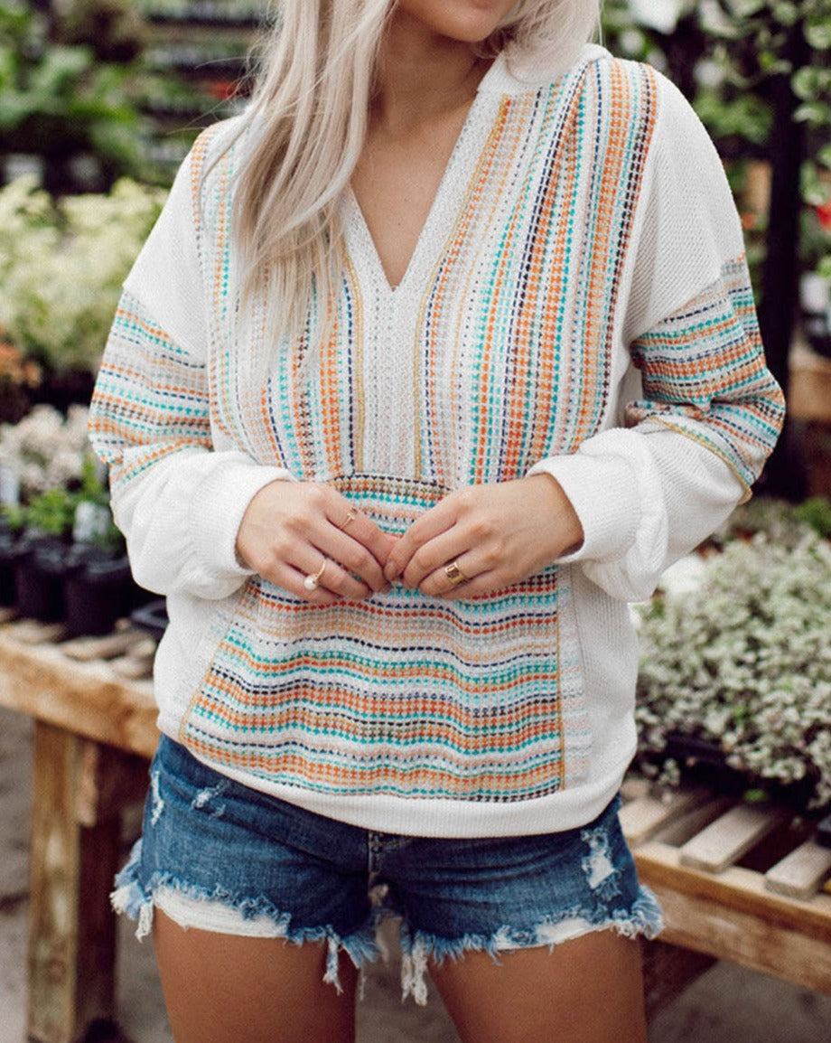 Stripe Patchwork V-Neck Hoodie