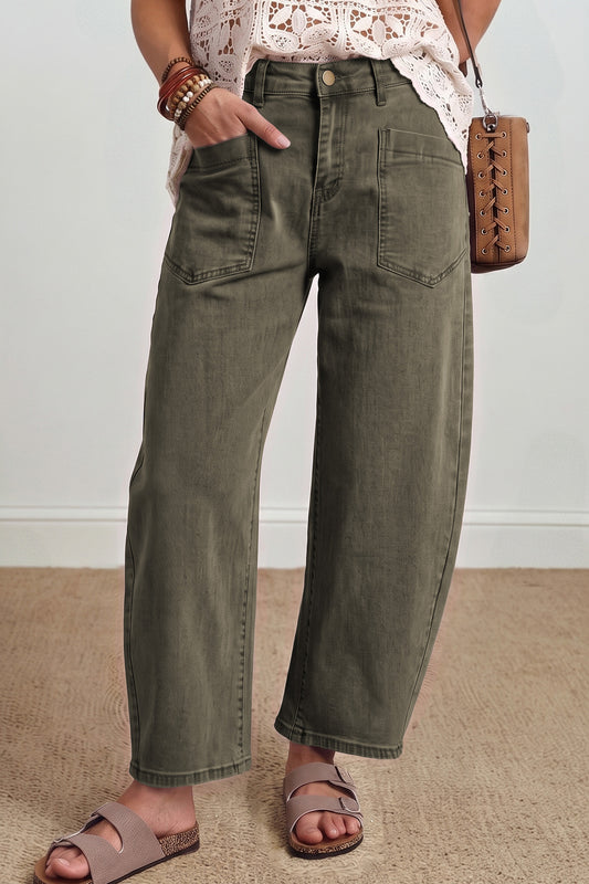 Solid Denim Square Patch Pocket Barrel Jeans