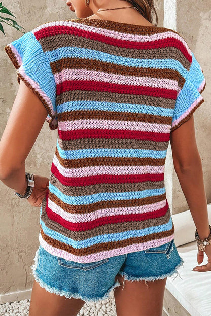 Stripe Ruffle Sleeve V-Neck Sweater