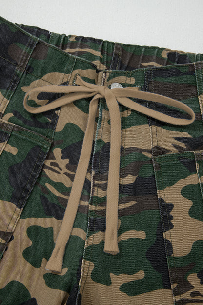 Camo Denim Patch Pocket Drawstring Barrel Leg Jeans
