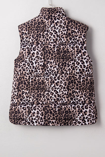 Leopard Quilted Sleeveless Zip Up Puffer Vest