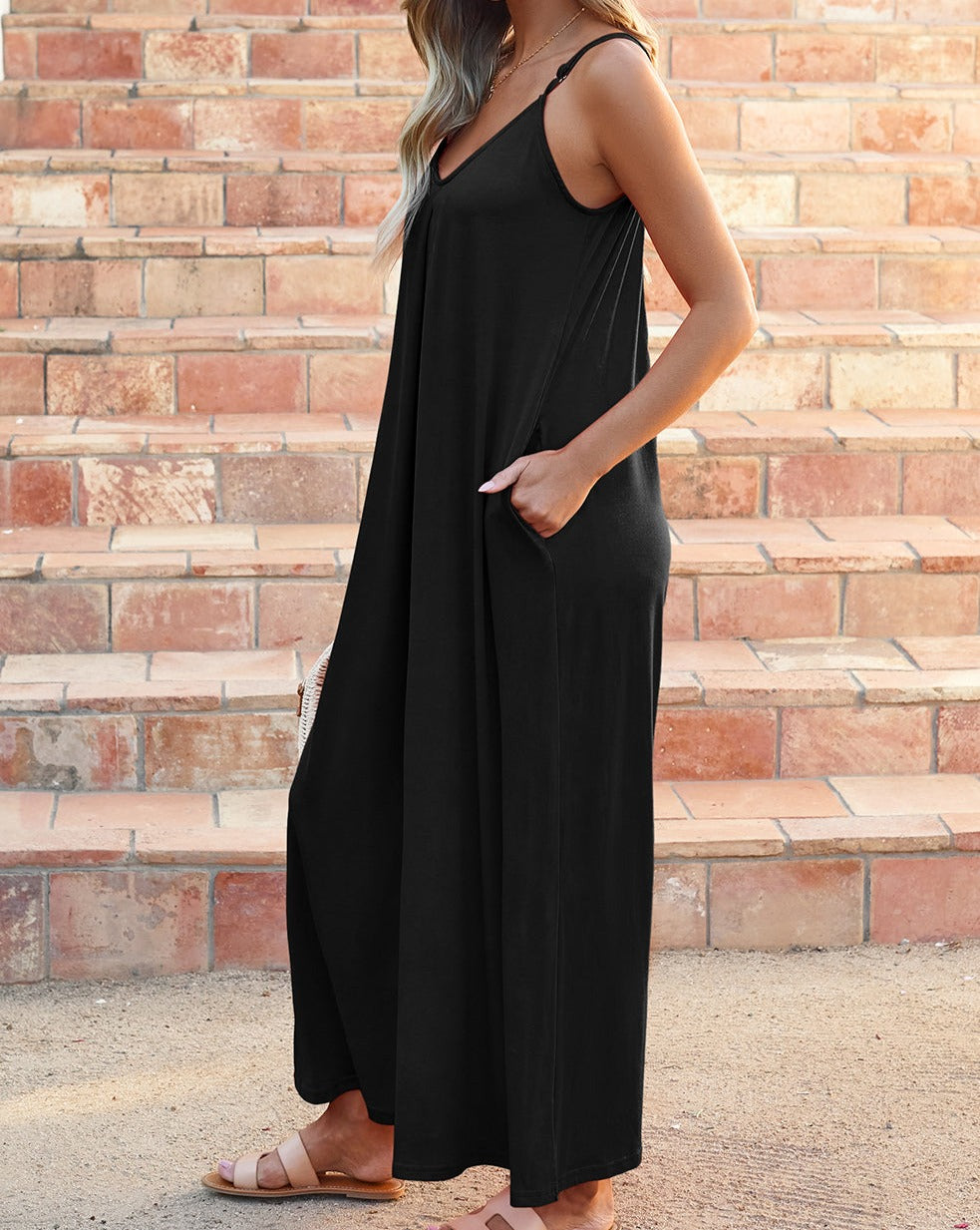 Pleated Wide Leg Pocketed Jumpsuit