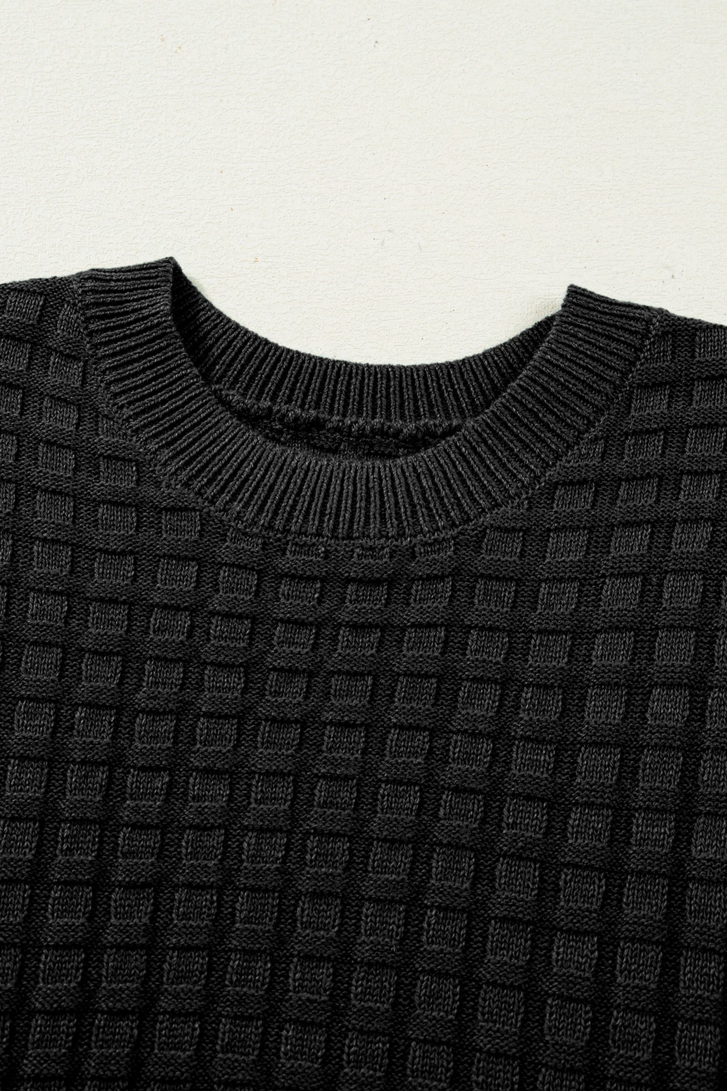 Solid Textured Round Neck Short Sleeve Sweater