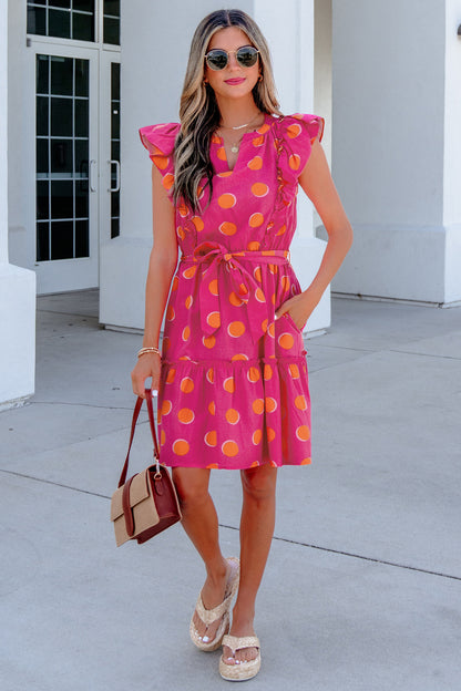 Polka Dot V-Neck Ruffle Belted Mini Dress