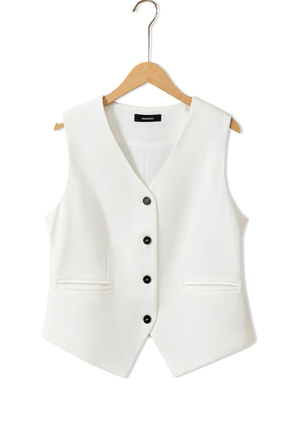 Solid V-Neck Button-up Vest