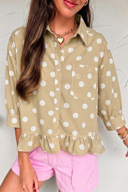 Polka Dot 3/4 Sleeve Ruffle Hem Shirt