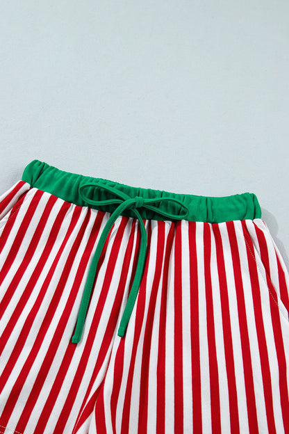 Stripe Colorblock Long Sleeve Collar Top & Shorts Set
