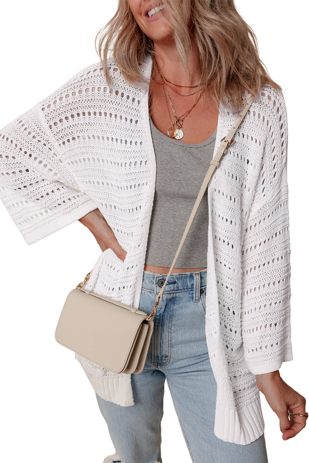 Pointelle Knit 3/4 Sleeve Cardigan