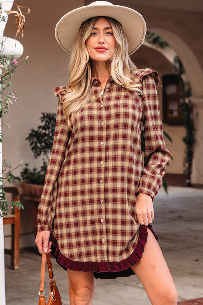 Plaid Patchwork Ruffle Hem Long Sleeve Mini Dress