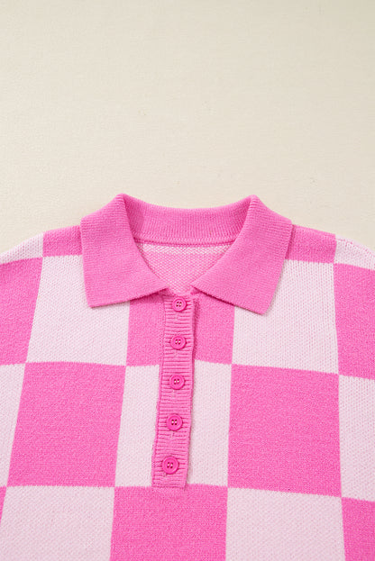Plus Size Checker Collared Half-Button Henley Sweater