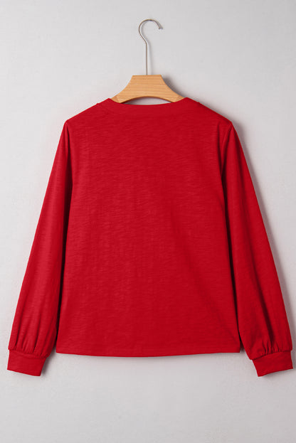 Solid V-Neck Button Long Sleeve Top