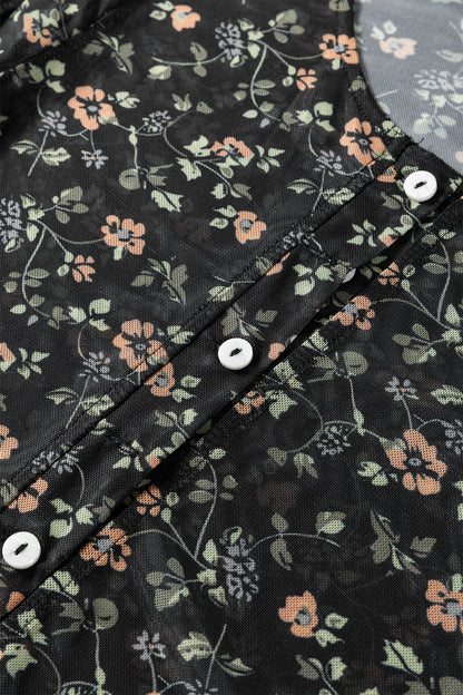 Black Floral Print Mesh Tank Button Front Slim Cardigan 2pcs Set