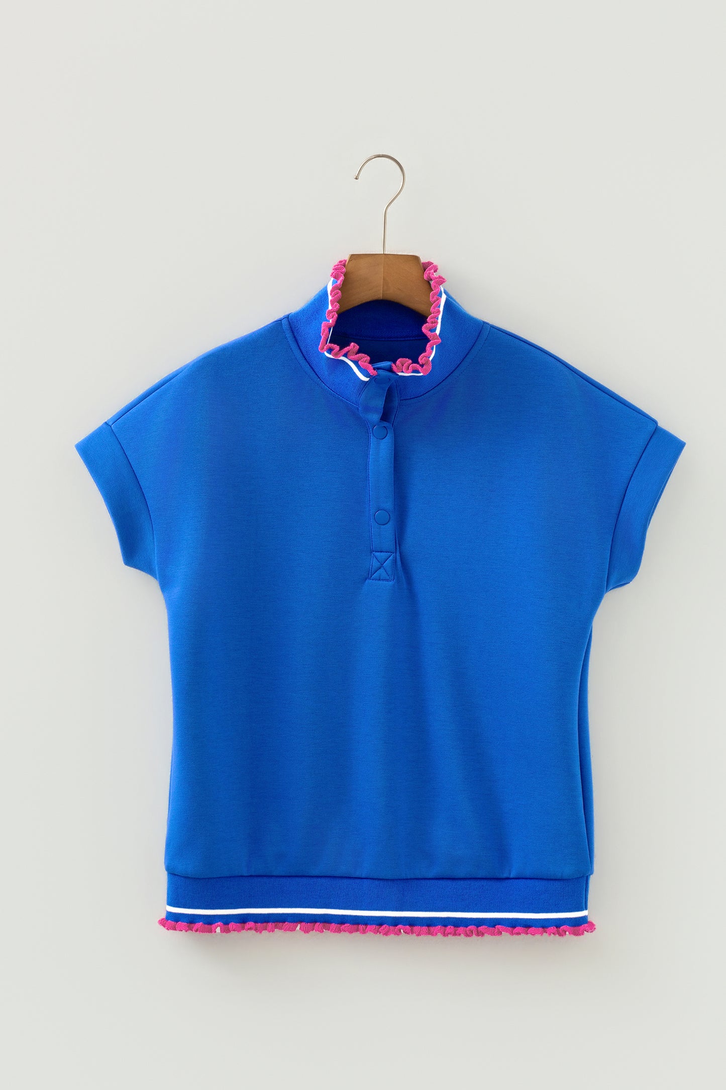 Contrast Frilled Trim Buttoned Collar Short Sleeve Top