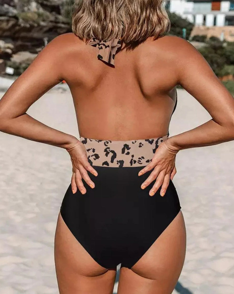 Leopard Halter Plunging V-Neck Swimsuit