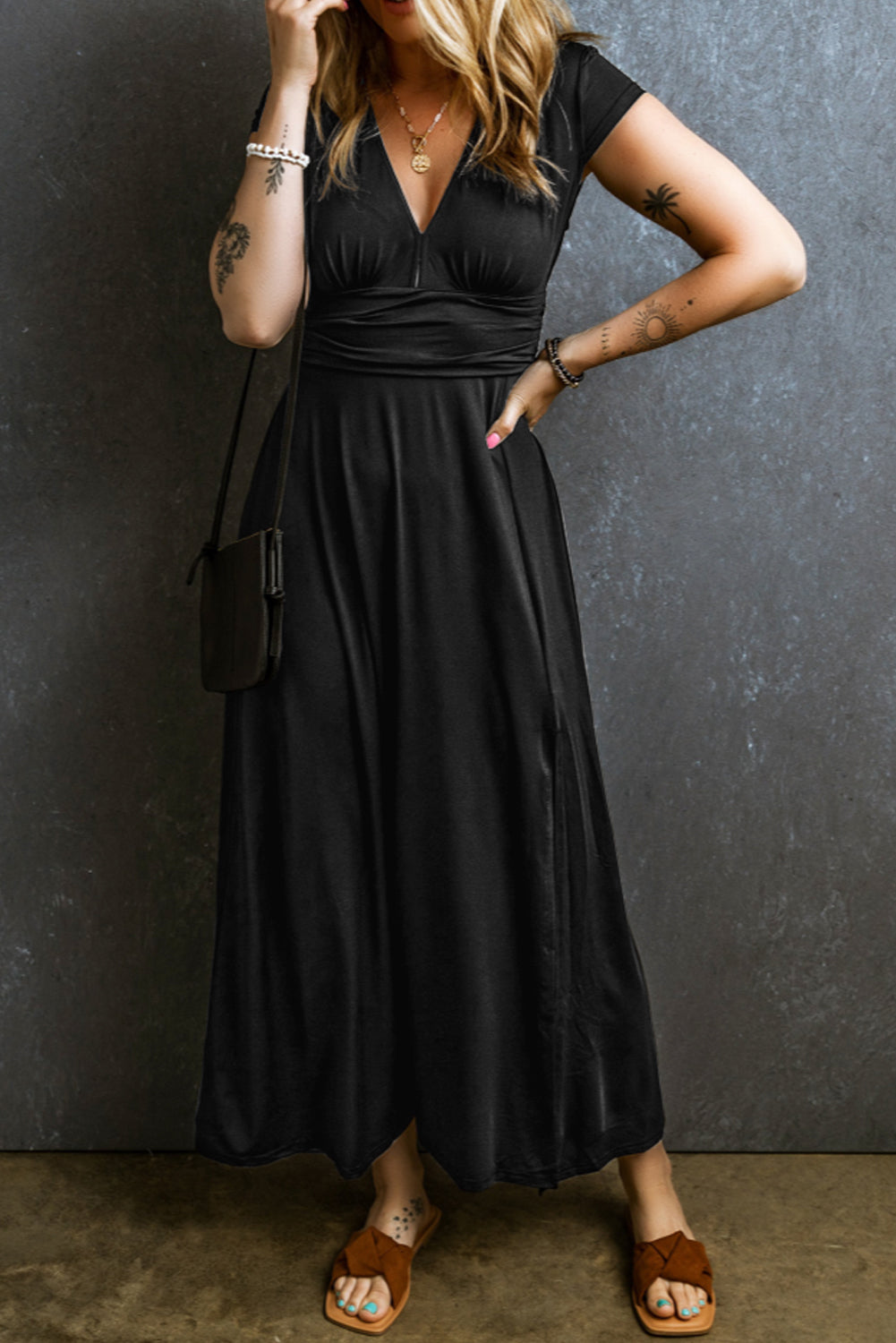 Shirred High Waist Maxi Dress