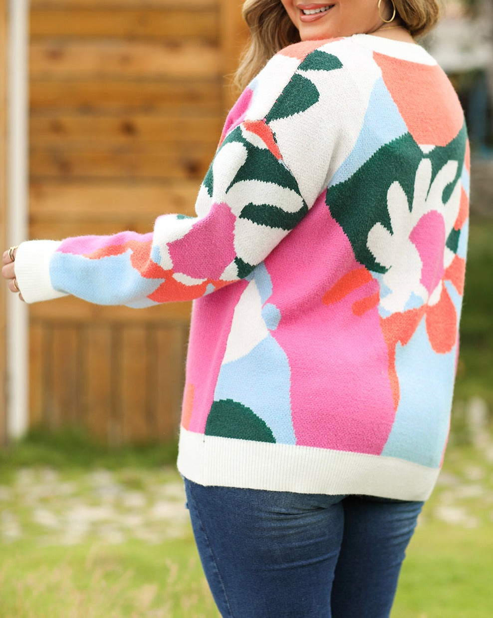 Floral Drop Shoulder Sweater Plus Size