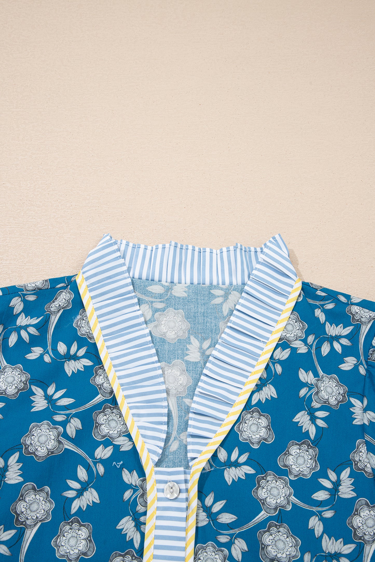 Floral Ruffle Stripe Trim Short Sleeve Buttoned Dress