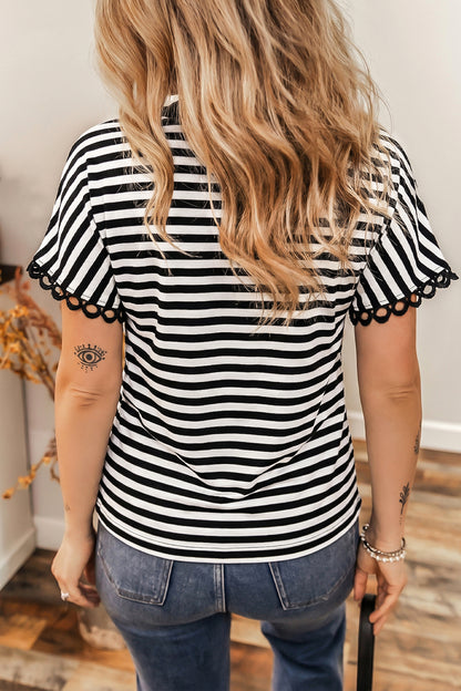 Stripe V-Neck Lace Trim Short Sleeve Tee