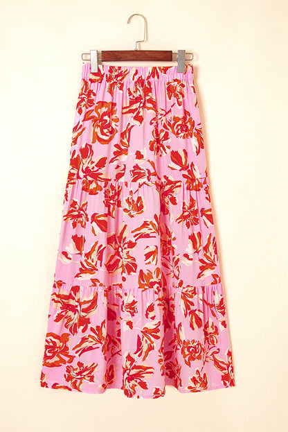 Boho Floral Tiered Side Slit Maxi Skirt