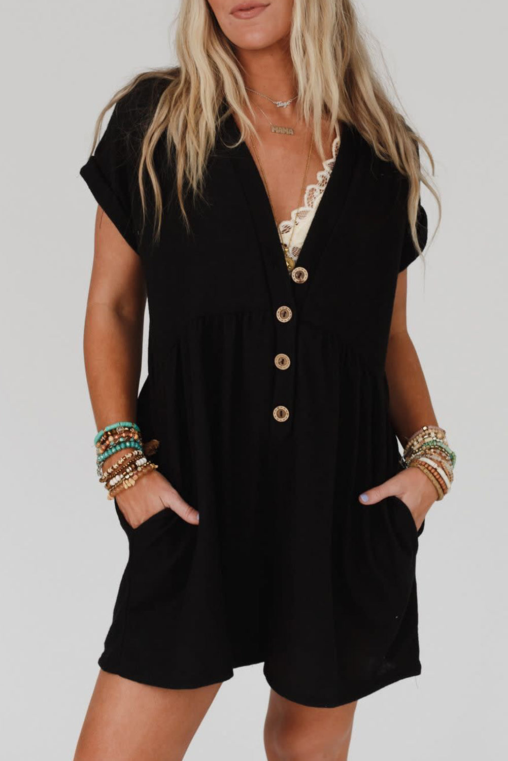 Buttoned Cuffed Short Sleeve Romper