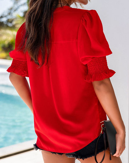 Pleated Puff Sleeve V-Neck Blouse