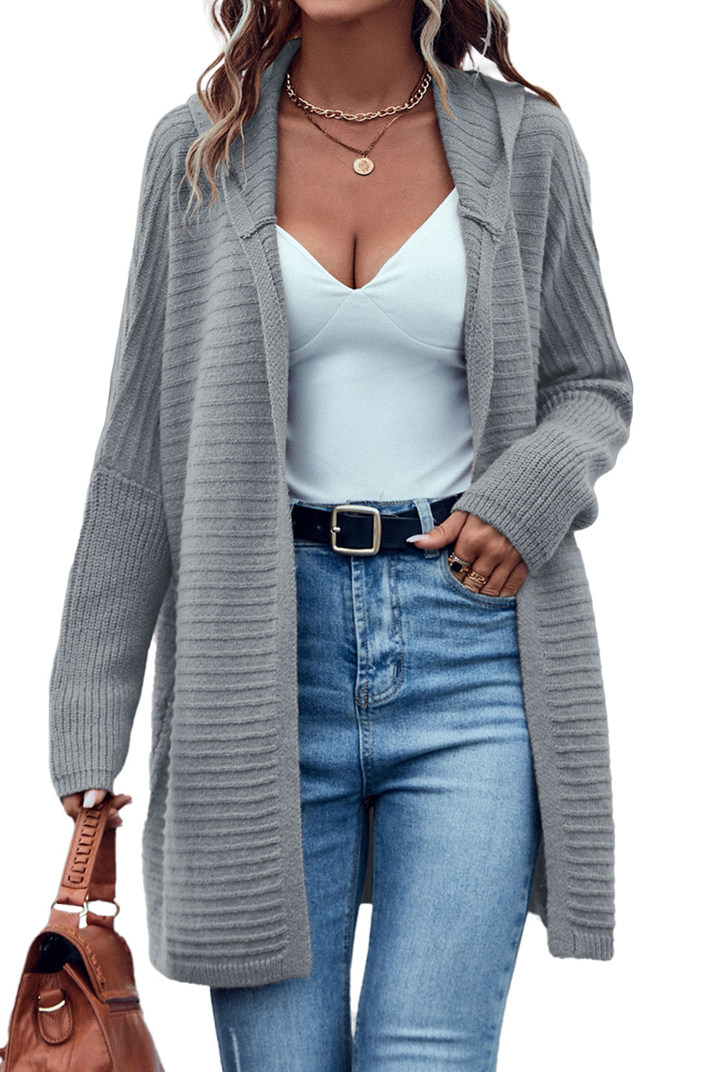 Ribbed Open Front Hooded Cardigan