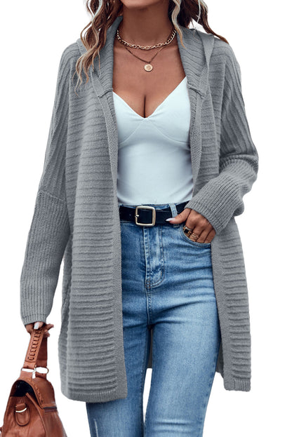 Ribbed Open Front Hooded Cardigan