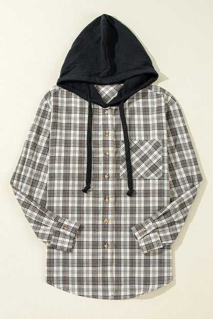 Checker Button-Up Chest Pocket Hooded Shacket