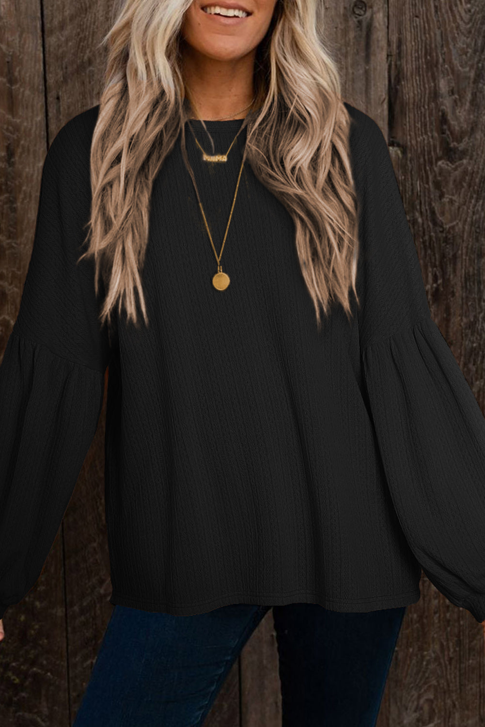 Cable Textured Puff Sleeve Top