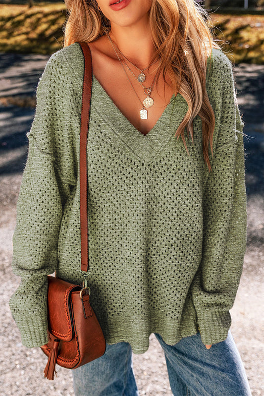 Eyelet V-Neck Drop Shoulder Sweater