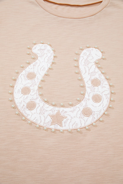 Western Lace Pearl Beaded Horse Shoe T-Shirt