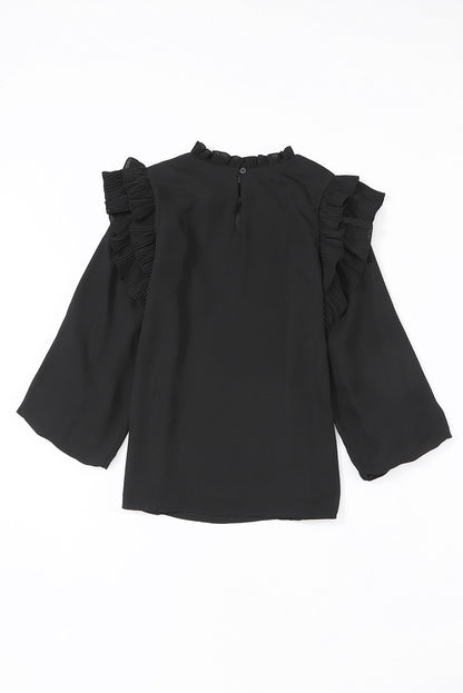 Pleated Ruffle 3/4 Sleeve Blouse