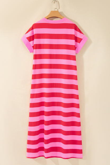 Stripe Cuffed Short Sleeve T-Shirt Long Dress w/ Pockets