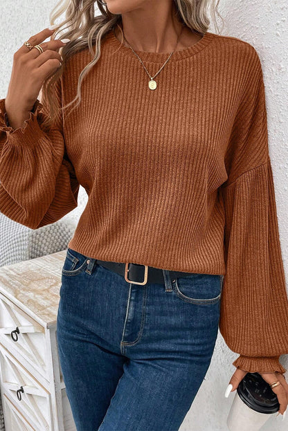 Ribbed Long Puff Sleeve Top