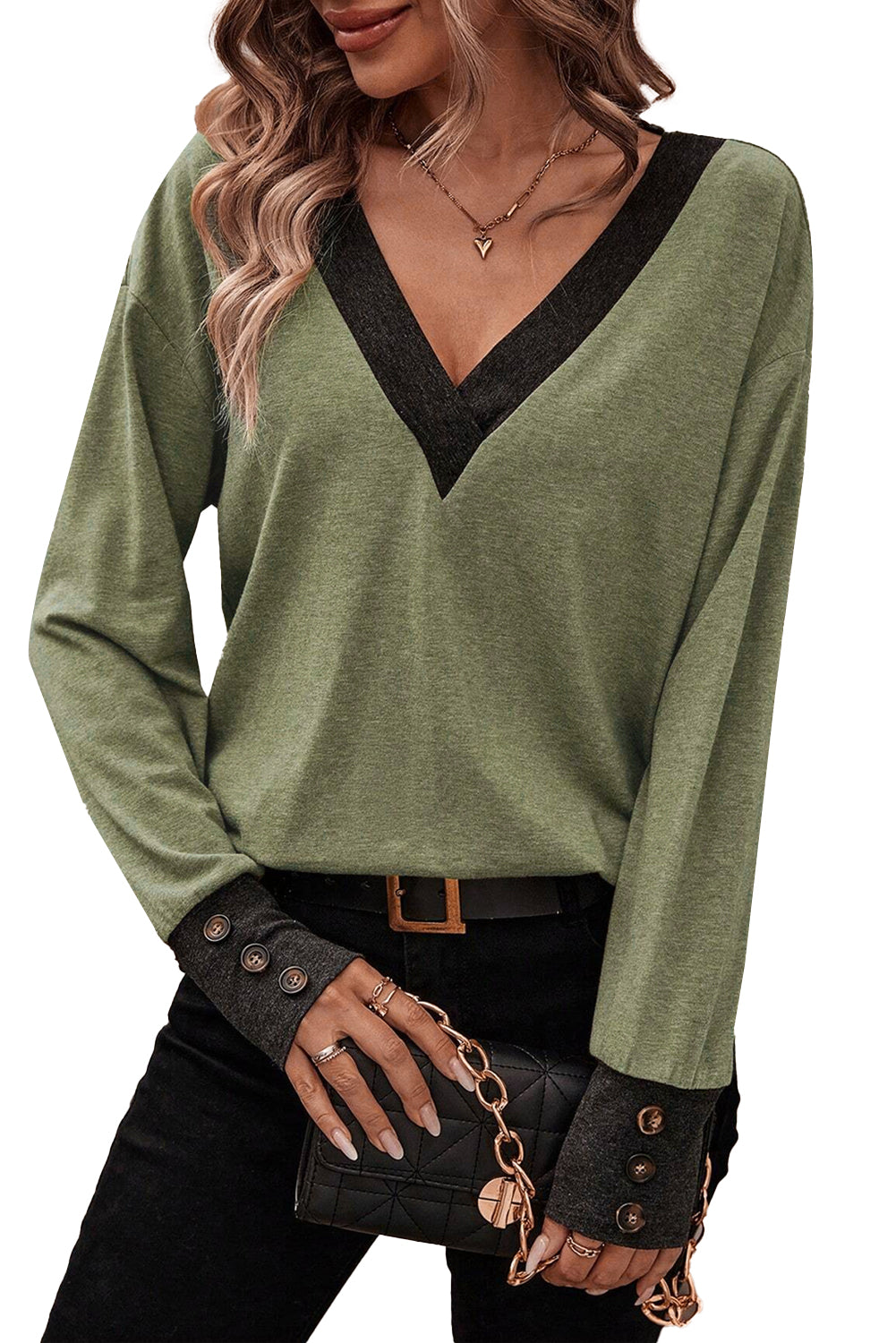 Colorblock Long Sleeve V-Neck Top