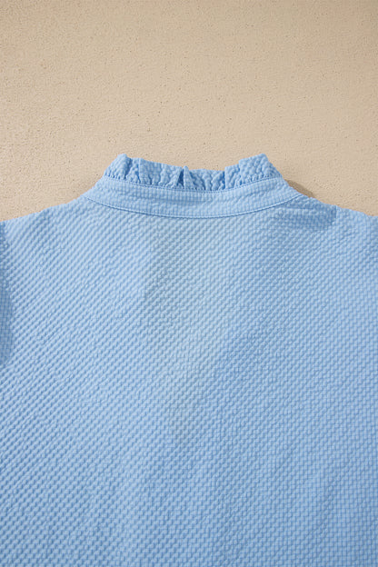 Flower Embroidered Puff Sleeve Split Neck Blouse