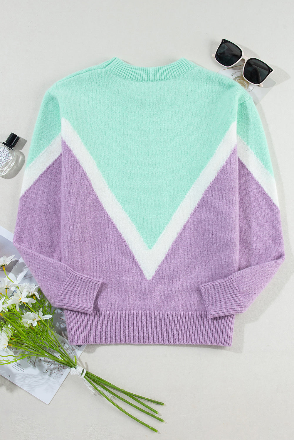 Colorblock Chevron Ribbed Trim Sweater