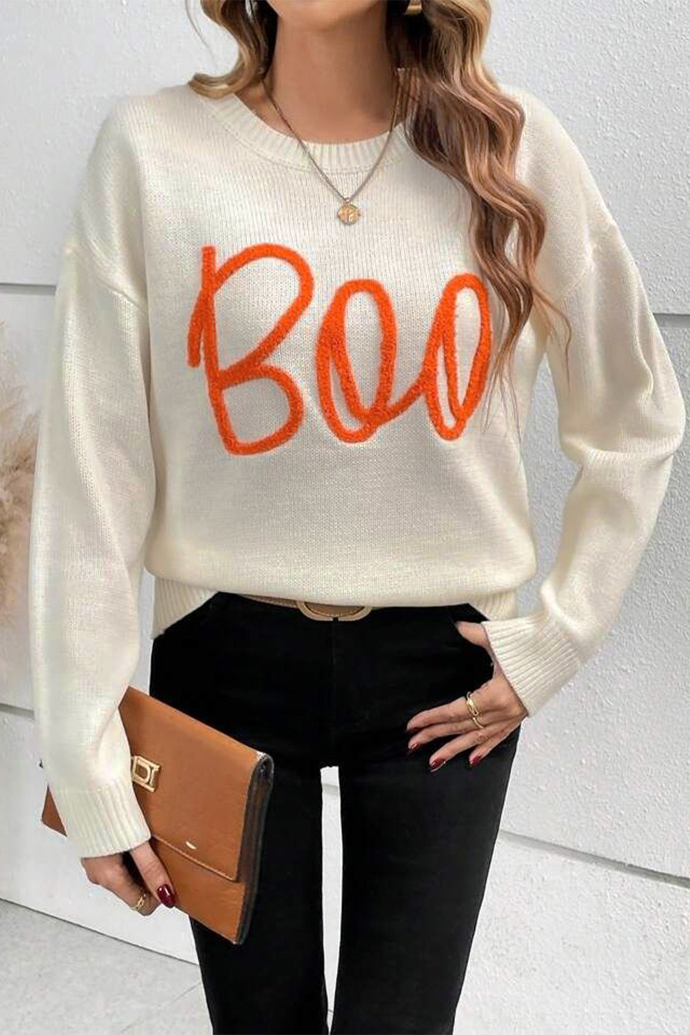 Boo Ribbed Trim Drop Shoulder Sweater