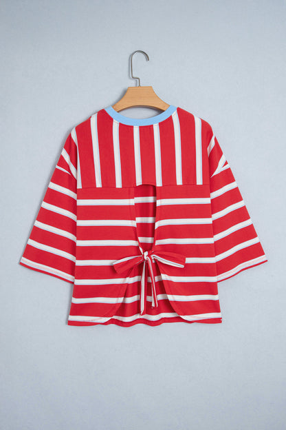 Stripe Bow Tie Hollow Back 3/4 Sleeve T-Shirt