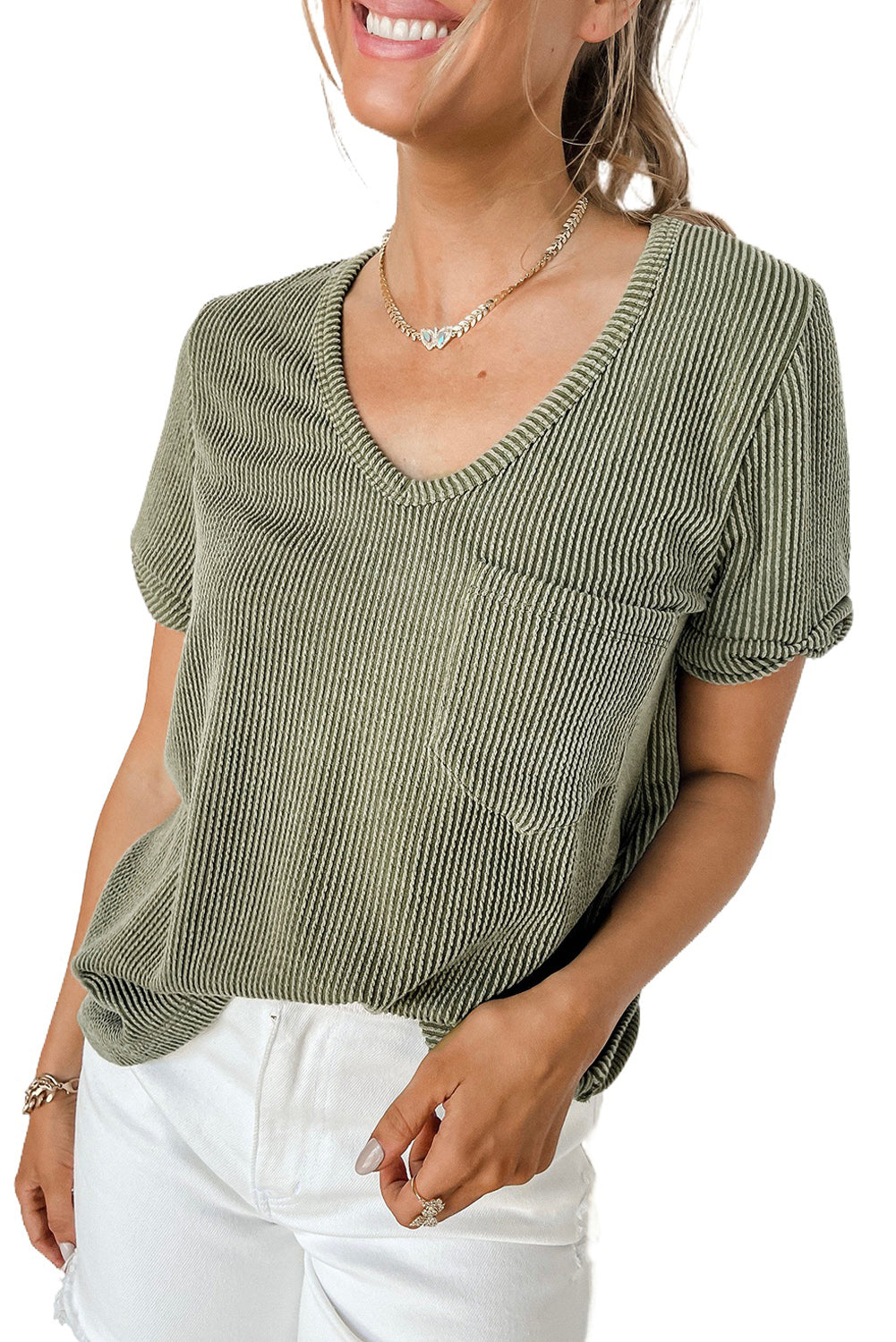 Ribbed Short Sleeve Pocketed Top