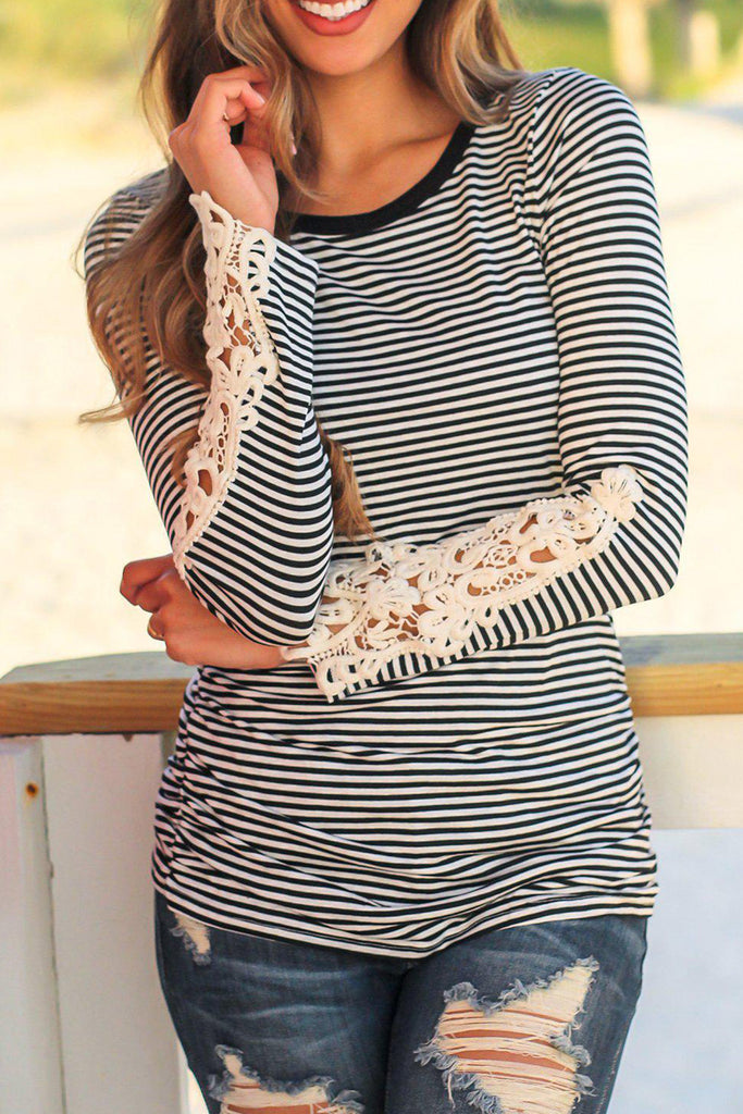 Striped Crochet Lace Sleeve Top
