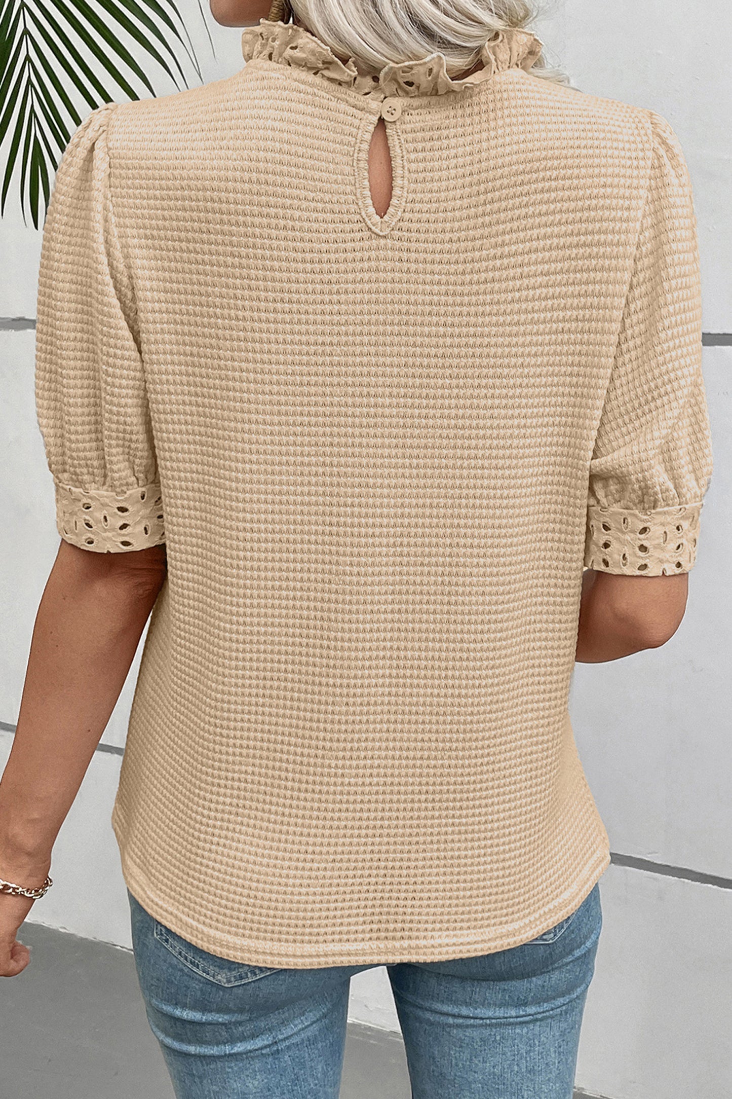 Eyelet Embroidered Patchwork Textured Ruffle Neck Blouse