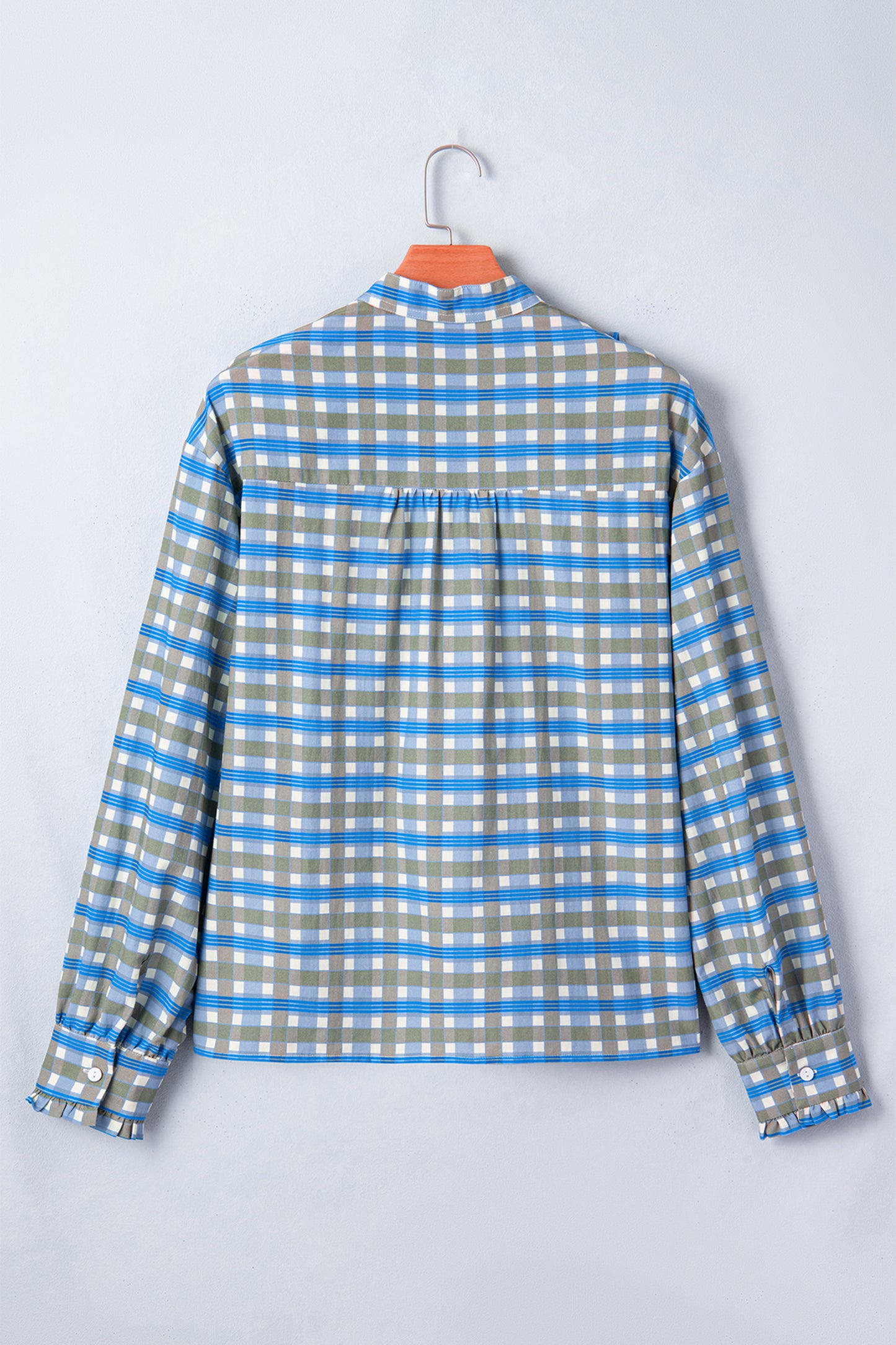 Plaid Long Sleeve Frilled Half Button Blouse