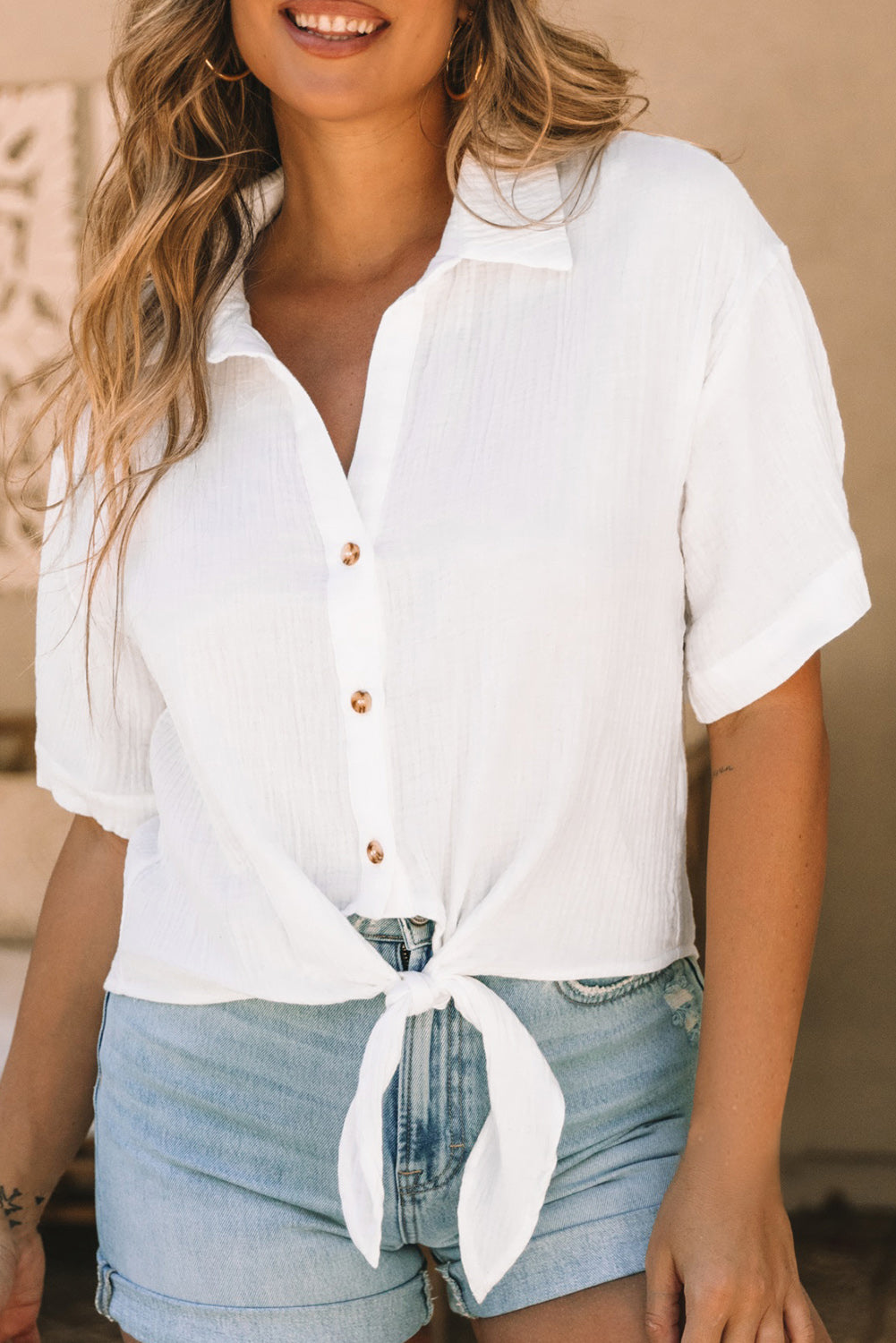 Gauze Buttoned Tie Front Shirt