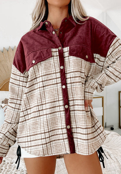 Plaid Corduroy Patchwork Buttoned Shacket